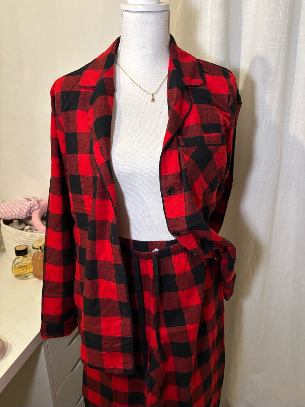 Red & Black Buffalo Plaid Button-Up Top and Pants Set